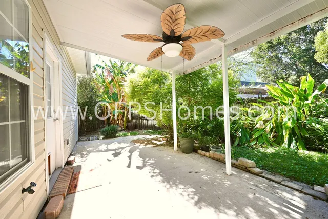 a view of a porch with a patio