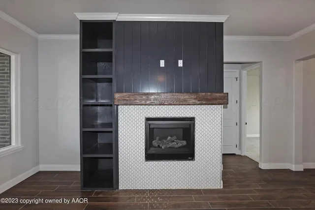 a living room with a fireplace