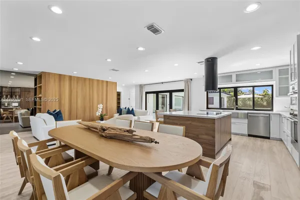 a kitchen with stainless steel appliances a sink and a large window