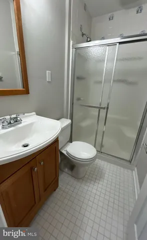 a bathroom with a sink a toilet a mirror and shower