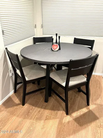 a view of a dining room with furniture