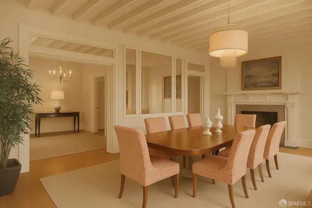 a view of a dining room with furniture a chandelier and wooden floor
