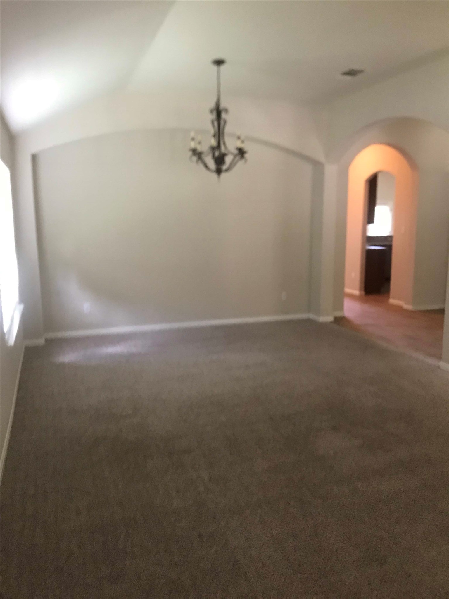 913 Rochester Castle Way Pflugerville, TX 78660 - Photo 3 of 25 A graceful chandelier illuminates the room, featuring arched doorways and soft carpeting.