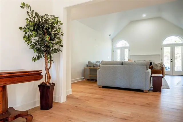 a living room with furniture and a potted plant