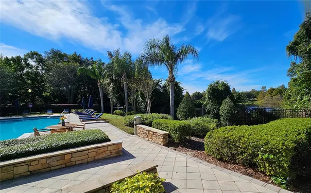 a garden view with a seating space