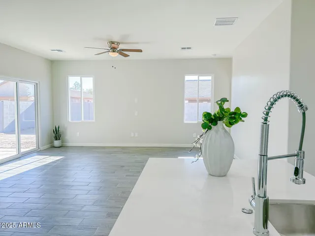 a view of a white house with wooden floor and a potted plant