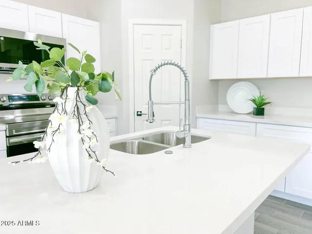 a close view of a sink a counter space and a potted plant
