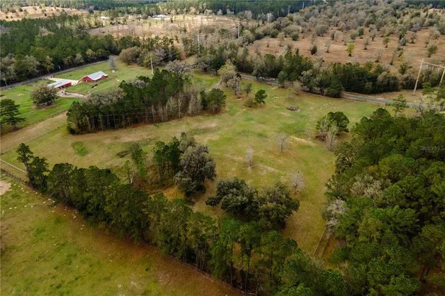 an aerial view of residential houses with outdoor space and trees