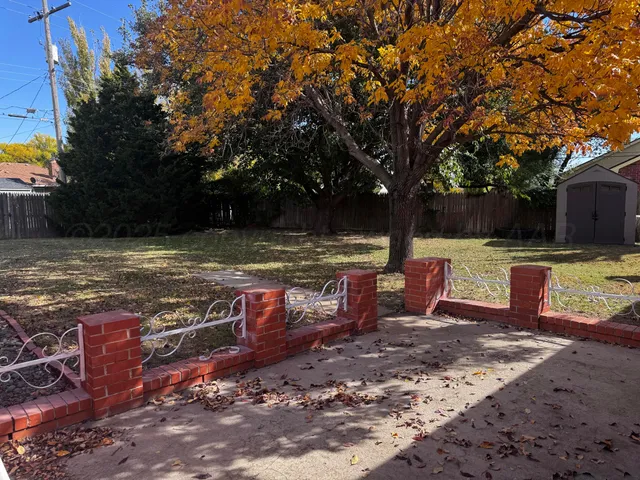 a view of a park with large trees