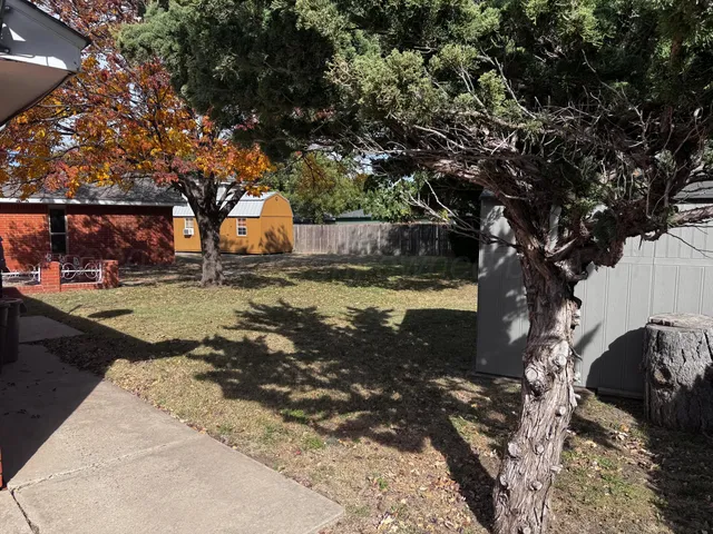 a view of a yard with large trees