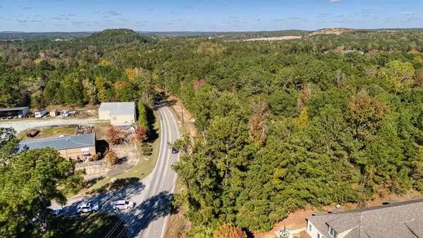 an aerial view of town with residential houses with outdoor space and trees