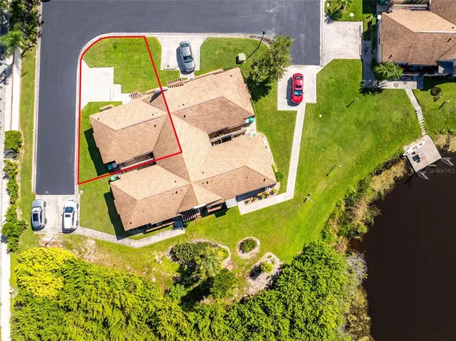 an aerial view of a swimming pool