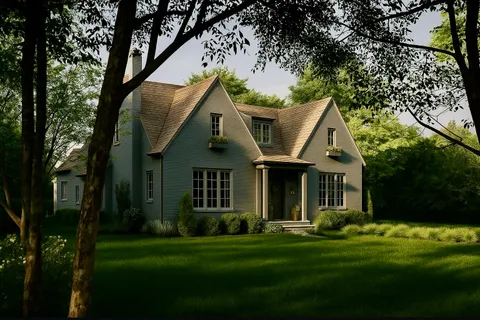 a front view of a house with a garden