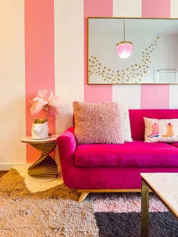 a view of a red chairs in a room