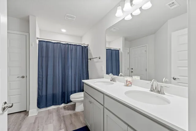 a bathroom with a sink a toilet a mirror and shower curtain