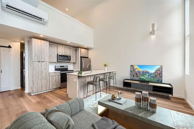 a living room with stainless steel appliances furniture a rug and a kitchen view