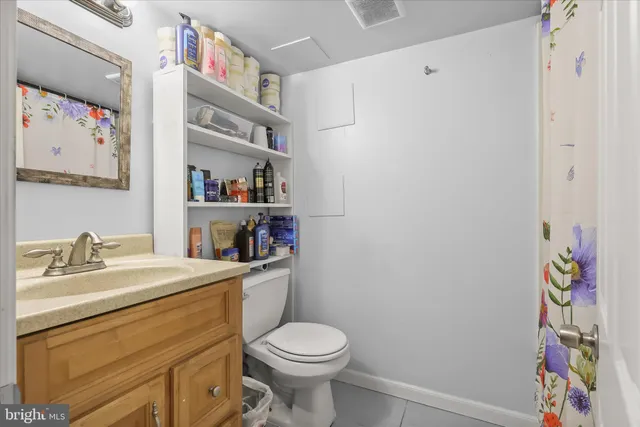 a bathroom with a sink a toilet and a shower curtain