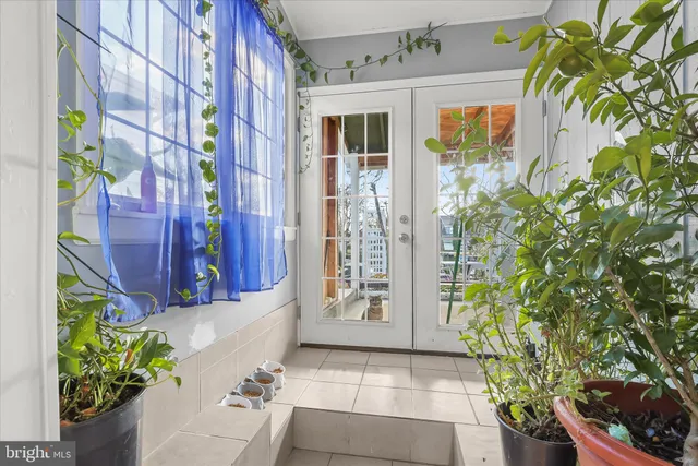 a view of a building with potted plants
