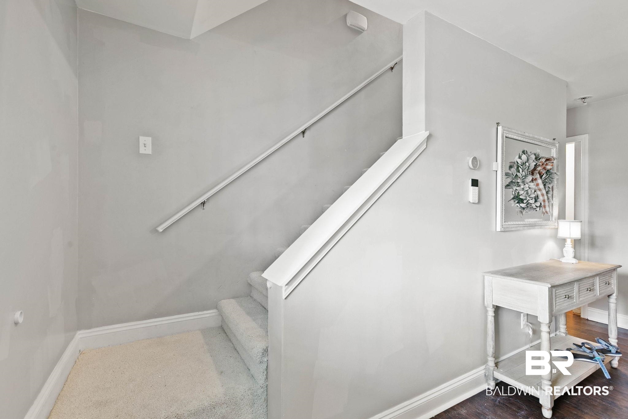 22810 High Ridge Road Fairhope, AL 36532 - Photo 41 of 78 Carpeted staircase with white handrail and baseboards