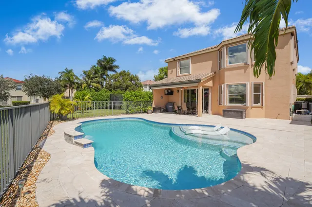 an aerial view of a swimming pool and outdoor space