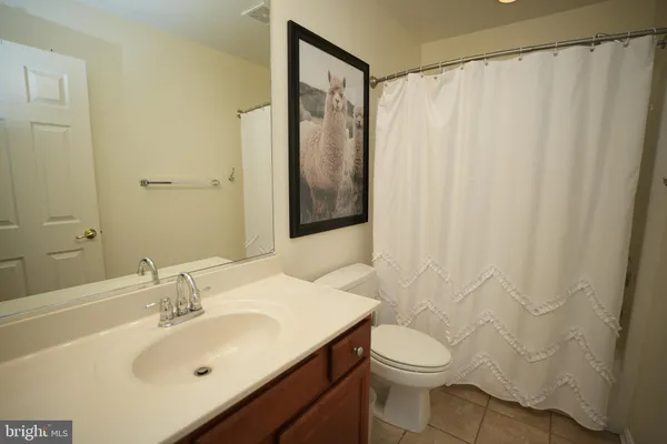 a bathroom with a sink a toilet and shower curtain
