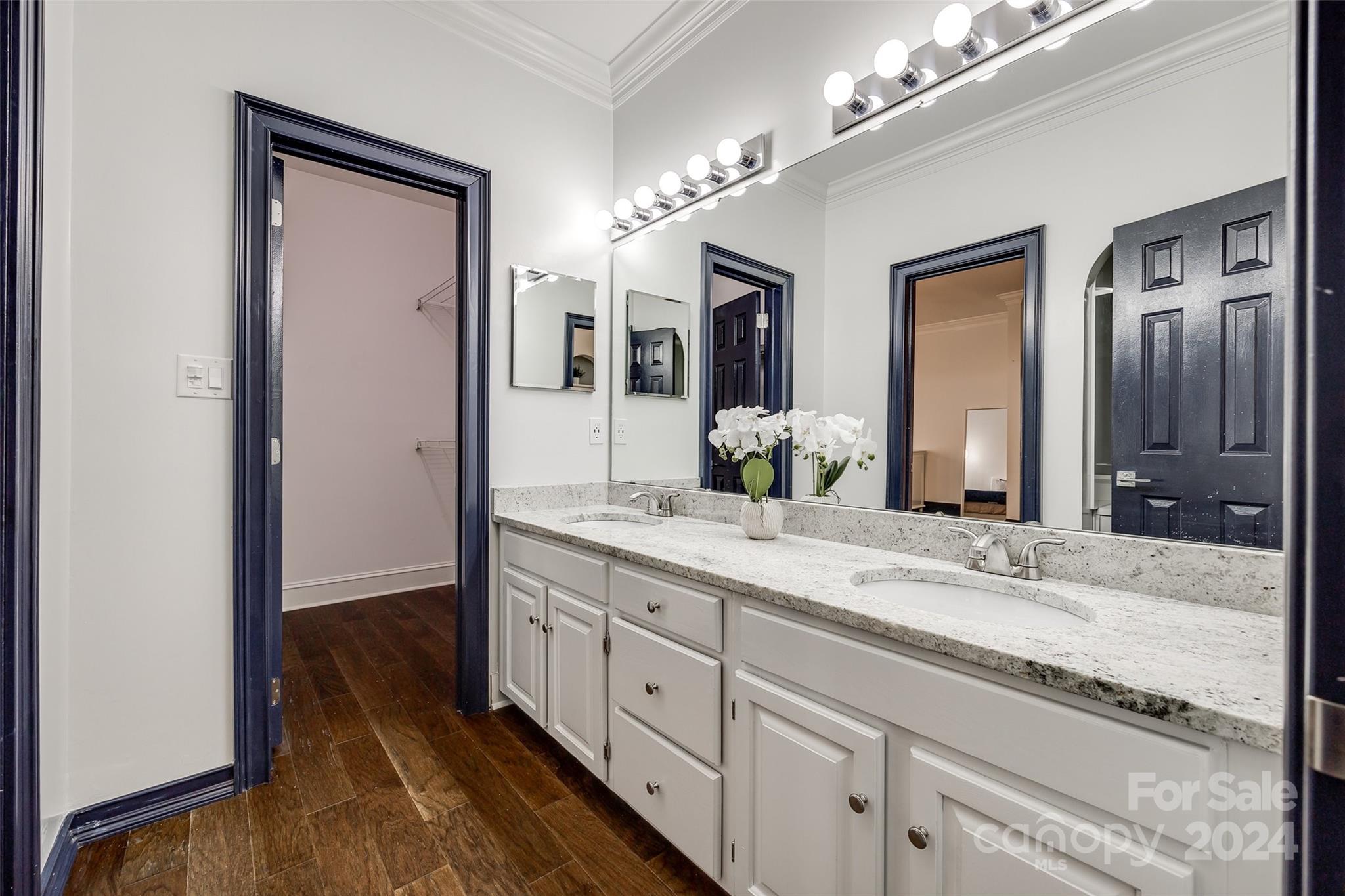 325 Queens Road Charlotte, NC 28204 - Photo 27 of 33 a bathroom with a granite countertop double vanity sink a mirror and vanity