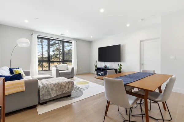 a living room with furniture potted plant and a flat screen tv