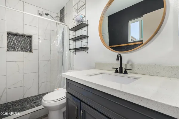 a bathroom with a sink a toilet and shower
