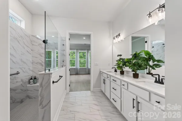 a bathroom with a double vanity sink a potted plant and a shower