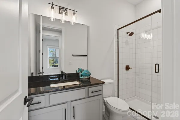 a bathroom with a sink toilet vanity and shower