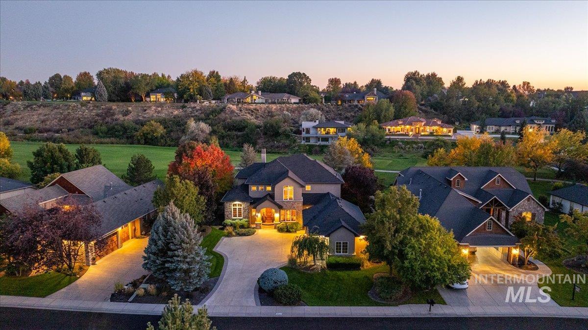 Aerial view at dusk of a residential view