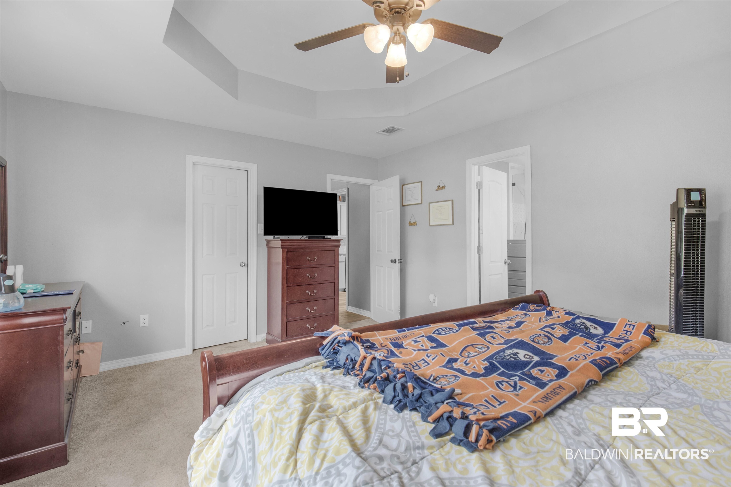 13925 Fort Lake Road Grand Bay, AL 36541 - Photo 11 of 37 Carpeted bedroom with a ceiling fan, a tray ceiling, visible vents, and baseboards