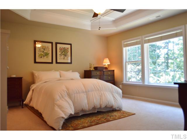 3723 Old Post Road Raleigh, NC 27612 - Photo 12 of 25 Thiis spacious master bedroom has a magnificent trey ceiling and ample space for all your bedroom furniture. It has a private view of the wooded common area at the back of the lot. Windows have energy efficient Vista Window Film. Master Bedroom