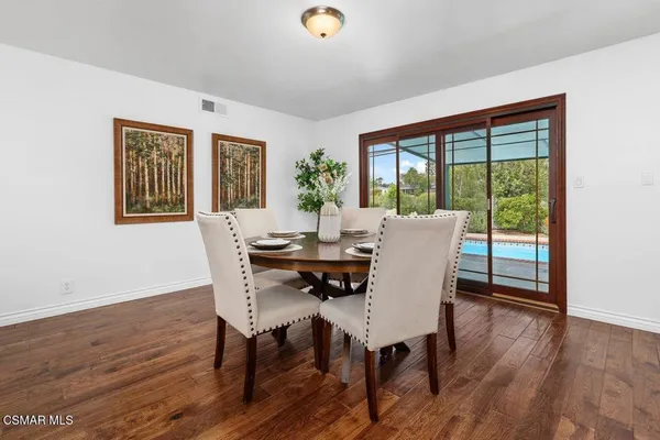 a view of a dining room with furniture window and wooden floor