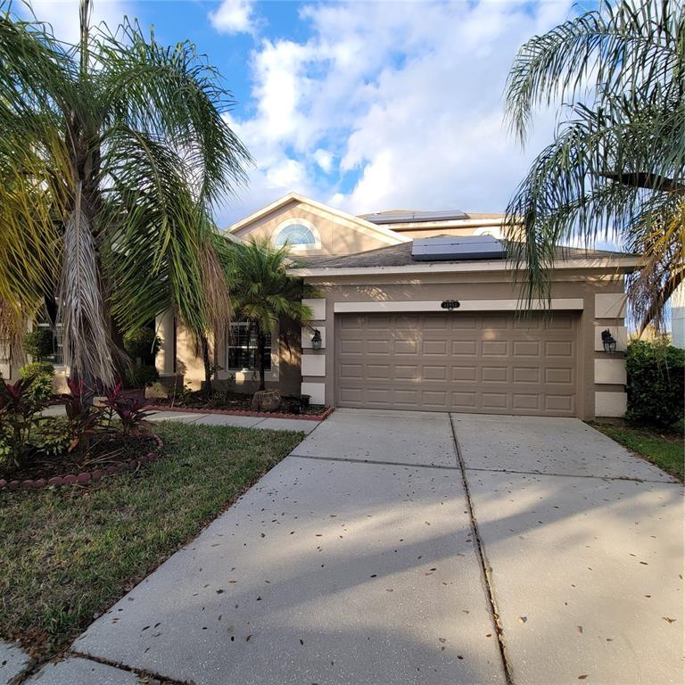 a view of a house with a yard and palm trees