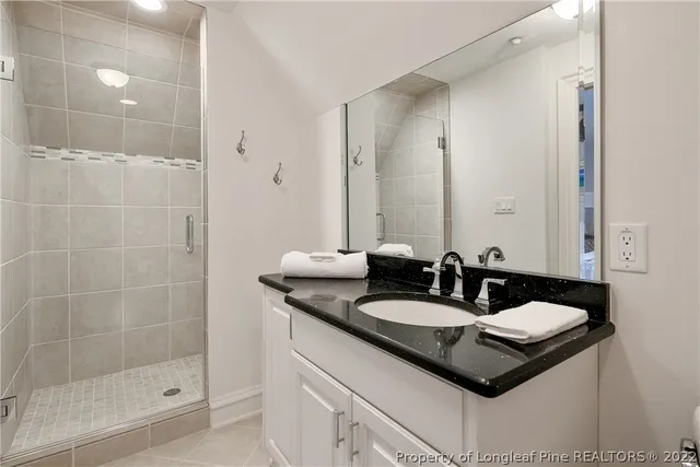 a bathroom with a sink a mirror and a shower
