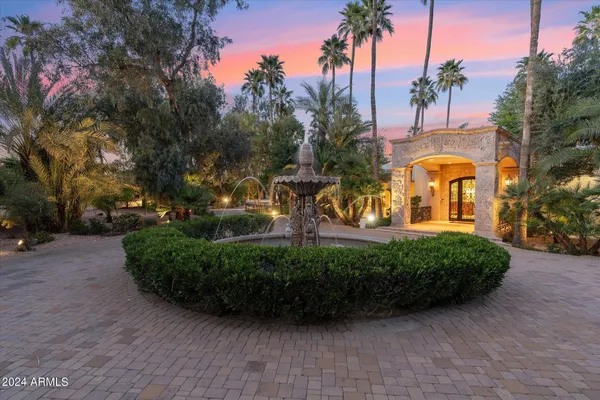 a view of a garden with palm trees