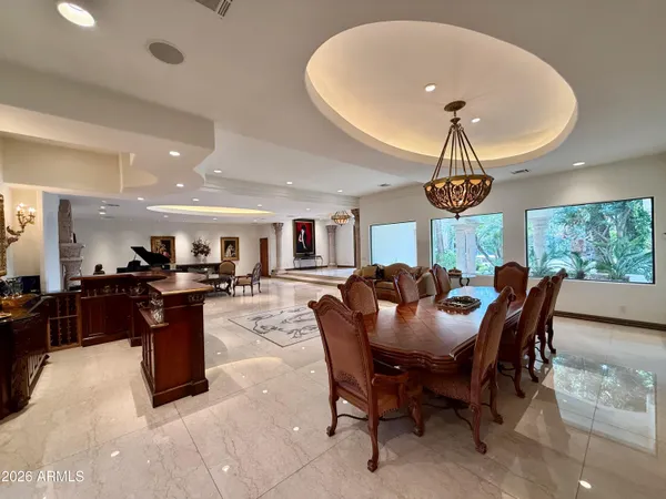 a view of a dining room with furniture