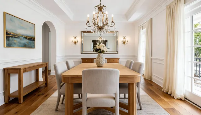 a living room with furniture a fireplace and a large window