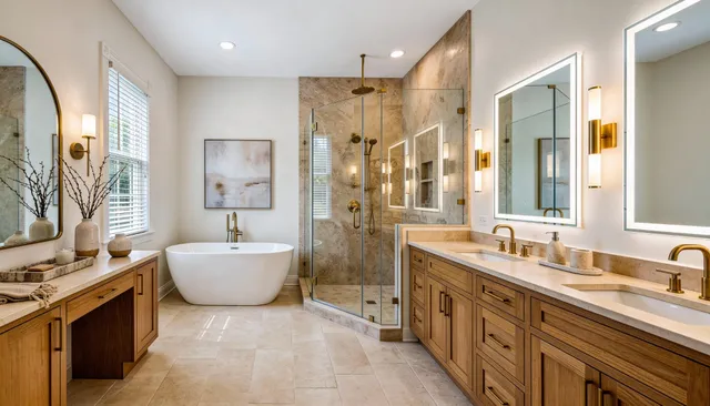 a bathroom with a bathtub and a shower