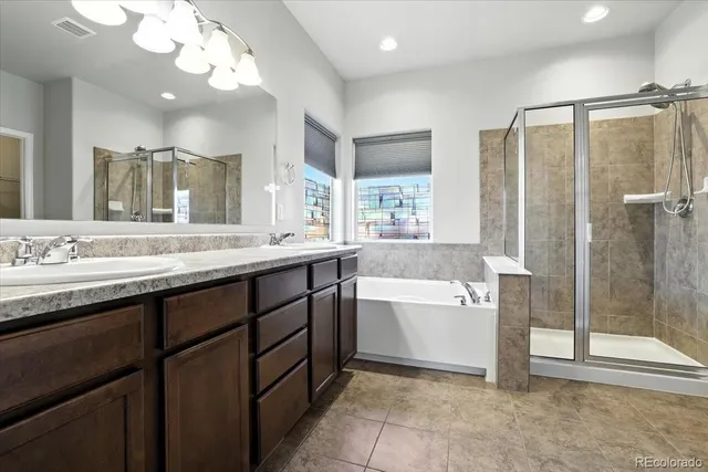 a bathroom with a double vanity sink bathtub and shower