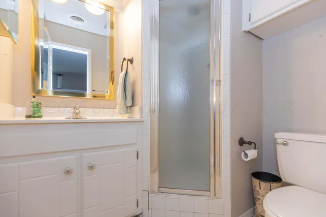 a bathroom with a toilet sink vanity and mirror