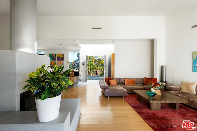 a living room with furniture and a potted plant