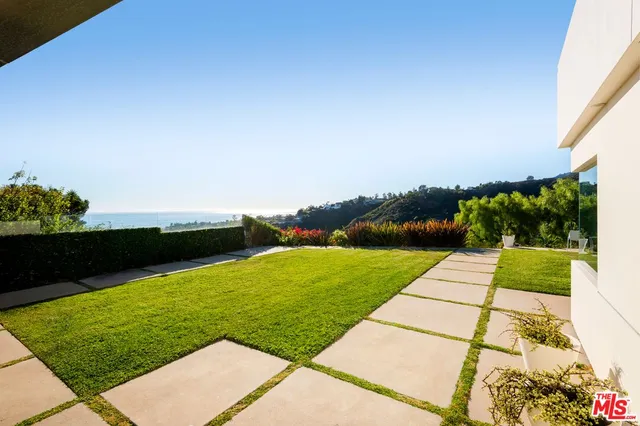 a view of a yard with potted plants