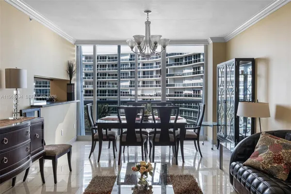 a view of a dining room with furniture window and outside view
