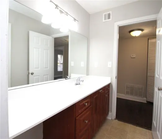 a bathroom with a sink a mirror and a shower