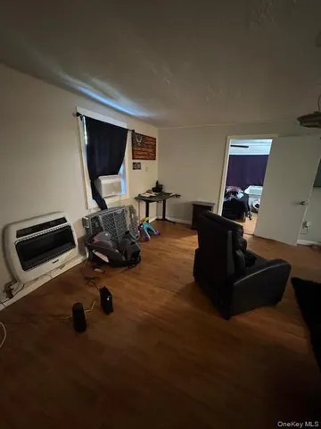 a living room with furniture rug and a window