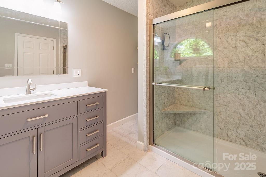 908 Newfound Road Leicester, NC 28748 - Photo 32 of 46 a bathroom with a shower sink and mirror