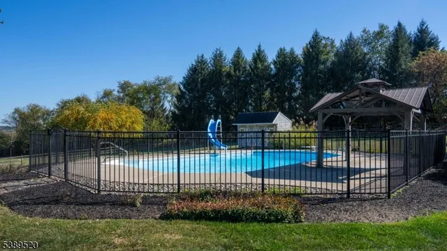 a view of a swimming pool with a patio and a yard