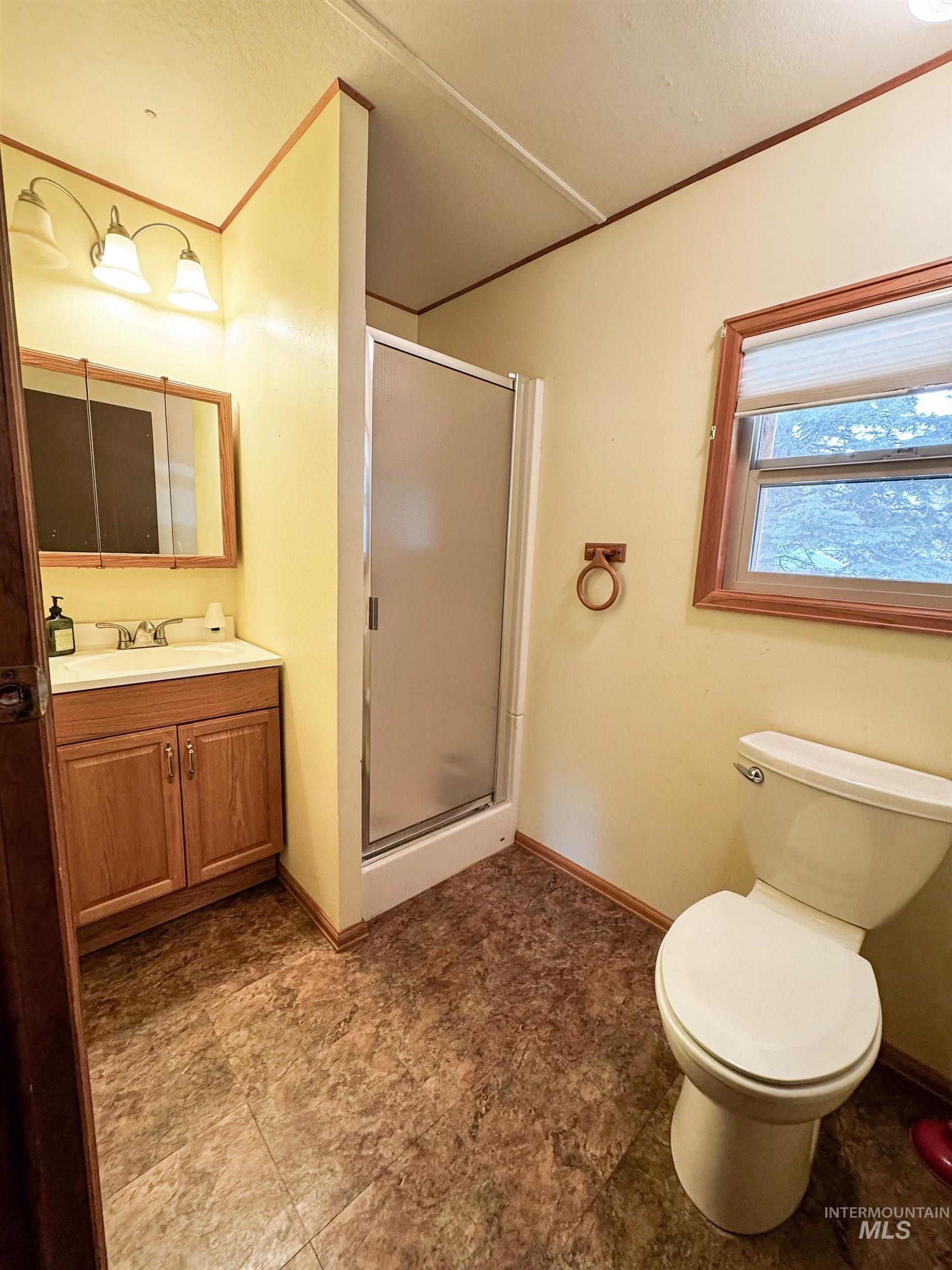 4482 Council Cuprum Road Council, ID 83612 - Photo 18 of 45 Bathroom with a shower stall, vanity, and ornamental molding